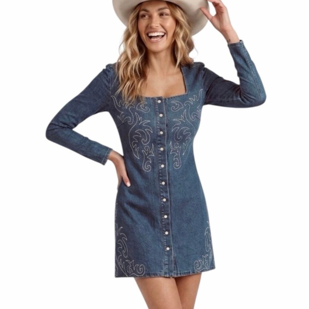 NWT Avec Les Filles Western Embroidered Denim Mini Dress - Size 4